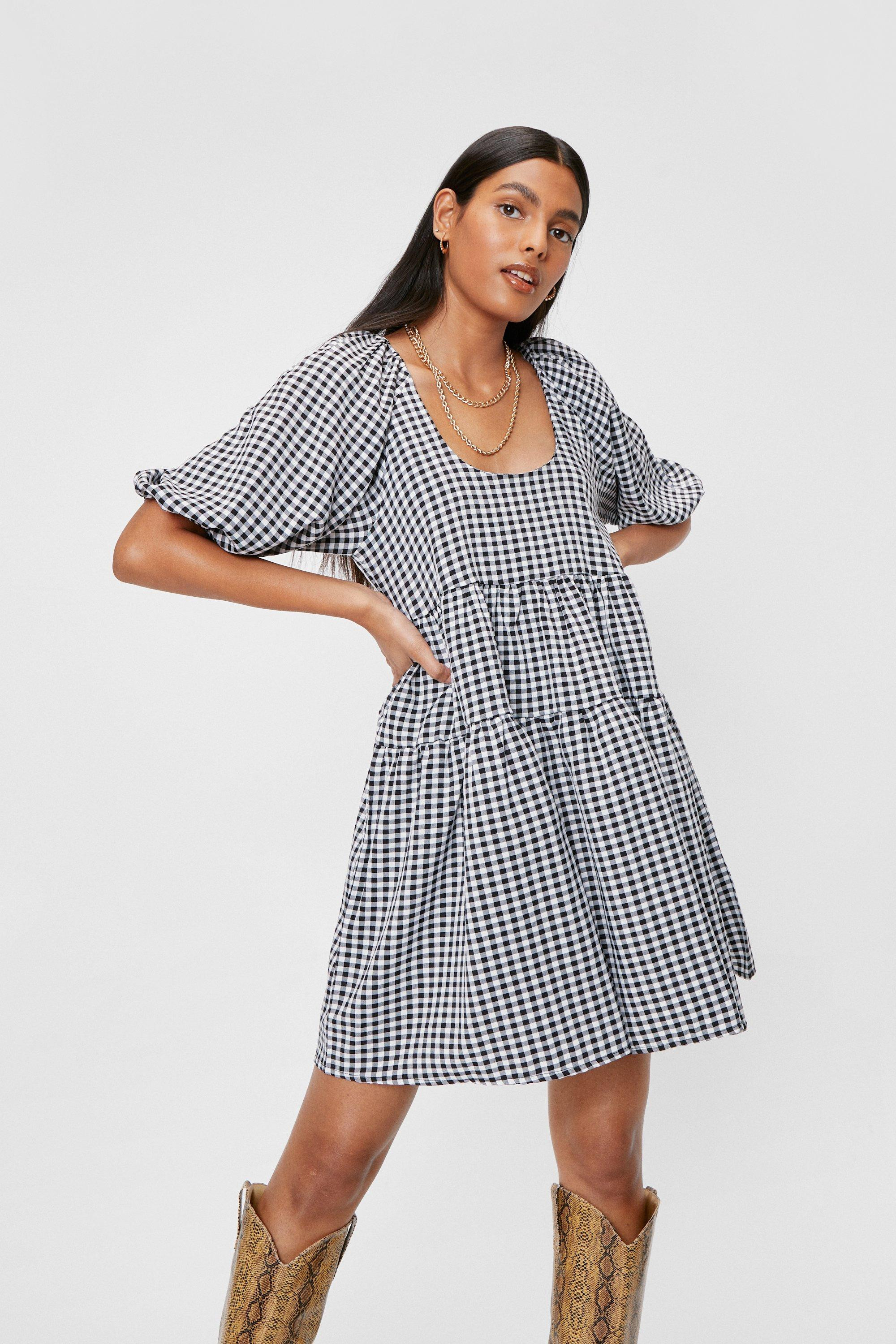 Gingham Puff Sleeve Tiered Smock Mini Dress | Nasty Gal (US)