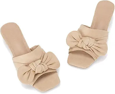 Coutgo Womens Bow Slides Sandals Wide Width Slip On Chunky Low Heels Square Open toe Elagant Summ... | Amazon (US)