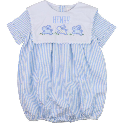 Blue Seersucker Applique Bunny Bubble | Cecil and Lou