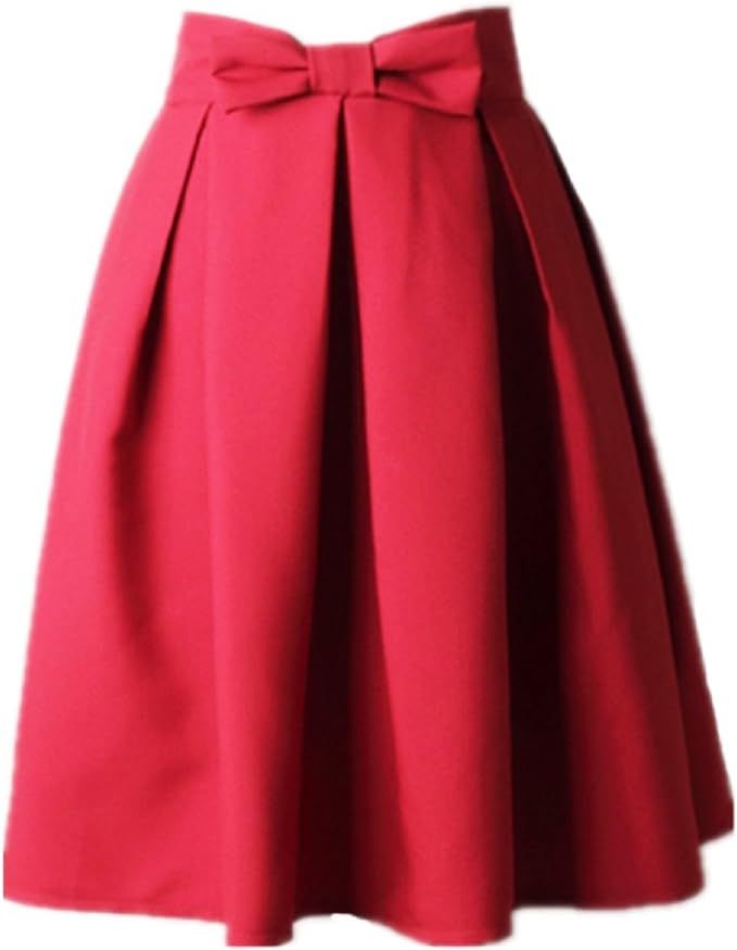 Women’s A Line Pleated Vintage Skirt High Waist Midi Skater with Bow Tie | Amazon (US)