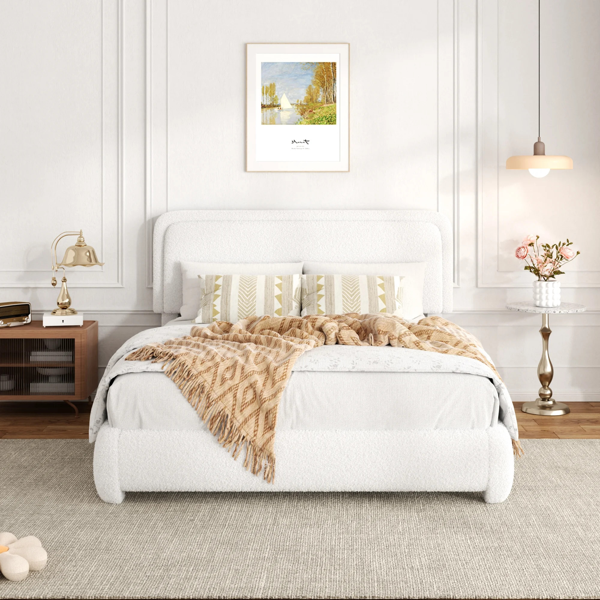 Queen Size Boucle Platform Bed Frame, Upholstered Cloud with Adjustable Headboard, Anti-Collision... | Walmart (US)