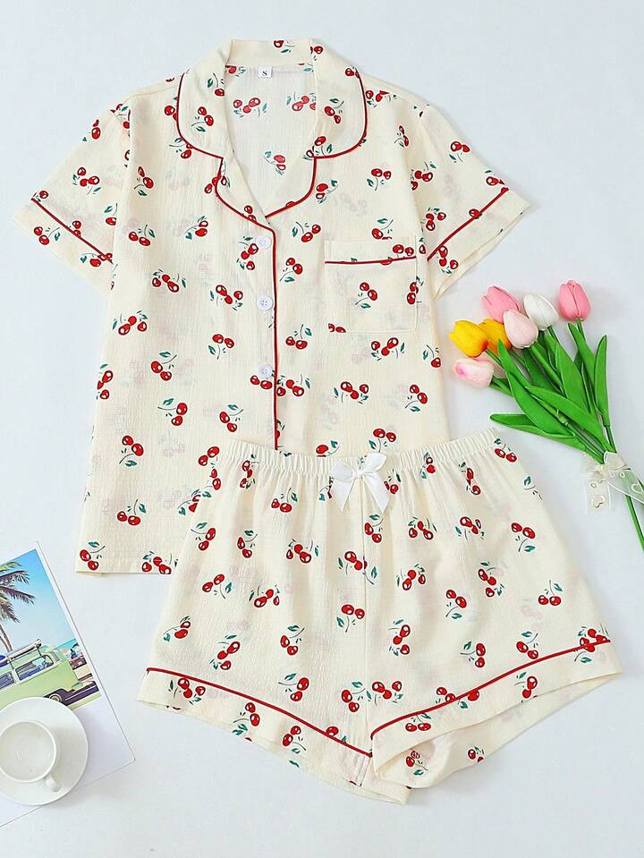 2pcs/Set Women Short Sleeve Button Up Collar Blouse And Shorts Pajama Set, Cherry Print Basic Com... | SHEIN