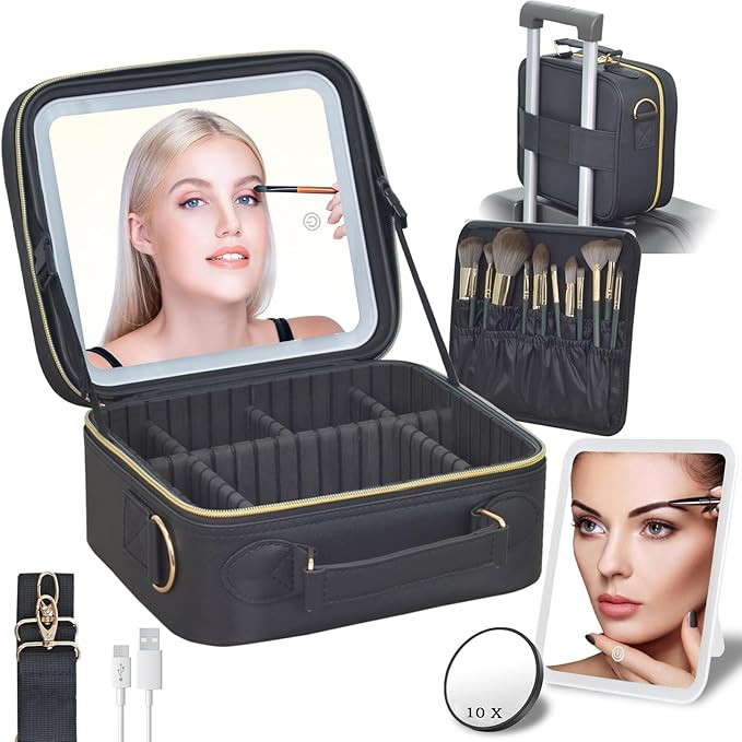 Travel Makeup Bag with LED Mirror - LED Makeup Bag 3 Color Brightness Adjustable,Lighted Makeup C... | Amazon (US)