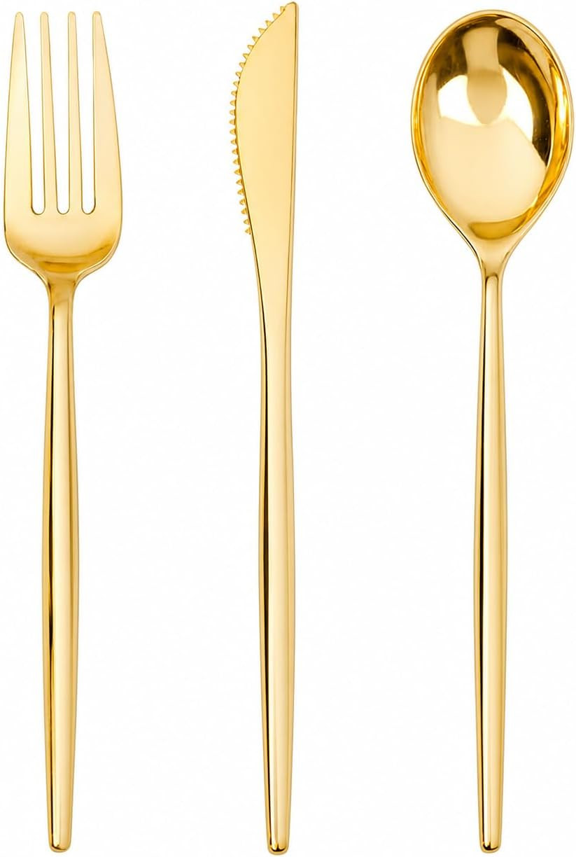 150 Piece Gold Plastic Silverware, Heavy Duty Disposable Utensils | Amazon (US)