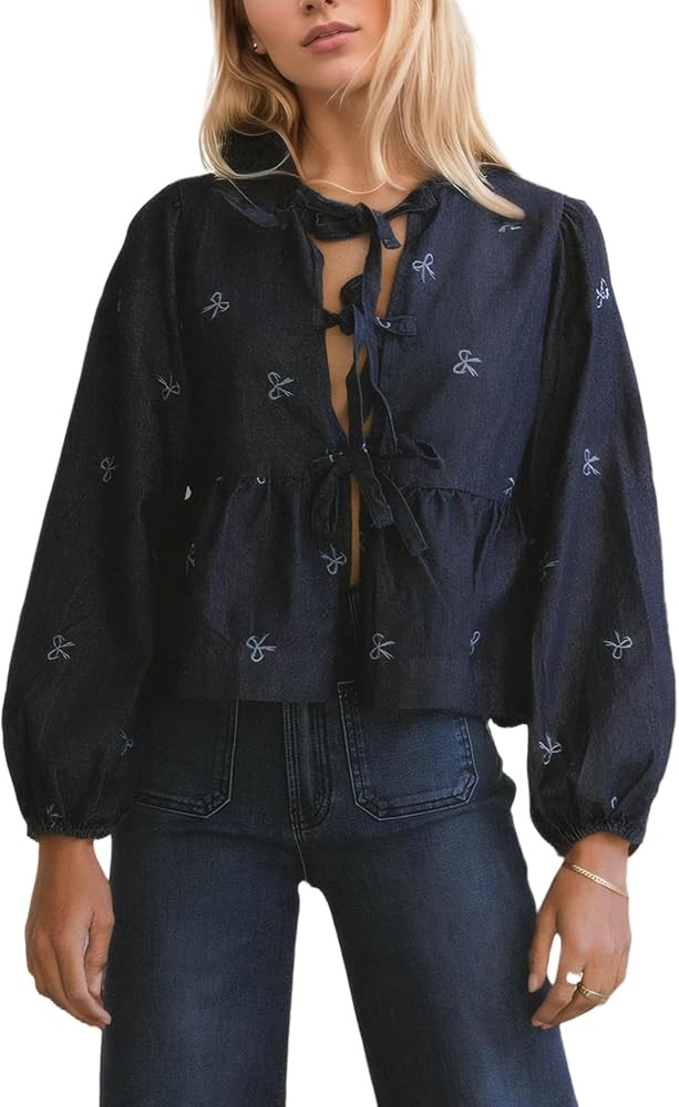 Kedera Women Denim Jean Shirt Bow Print Blouse Casual Crewneck Long Puff Sleeves Tie Front Croppe... | Amazon (US)
