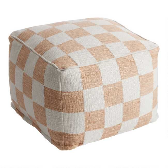 Square Ivory And Rust Checkered Pouf | World Market