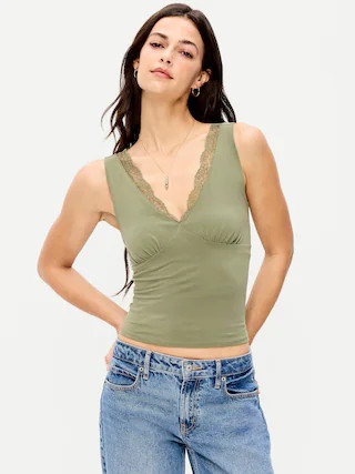 Sleeveless Lace-Trim V-Neck Top | Old Navy (US)