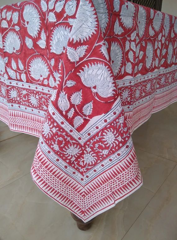 Indian Block Print Tablecloth, Red Floral Design Table Cloth, Cotton Table Cover, Kitchen Table Line | Etsy (US)