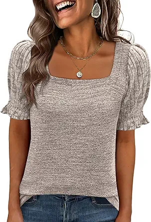 ANRABESS Womens Tops Summer Sweaters Dressy Casual Work Blouses Square Neck Ruffle Short Sleeve T... | Amazon (US)