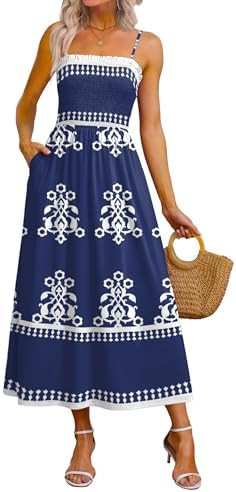 OFEEFAN Womens Spaghetti Strap Maxi Dresses Smocked with Pockets 2026 Summer Spring Casual Boho B... | Amazon (US)