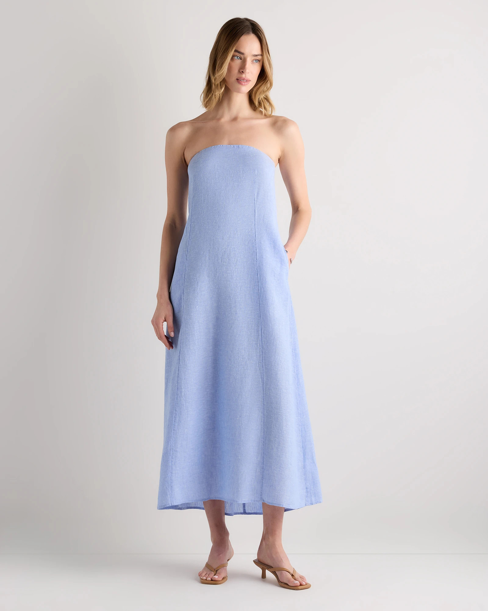 Quince | Women's 100% European Linen Strapless Maxi Dress in Blue Pinstripe, Size Large | Quince
