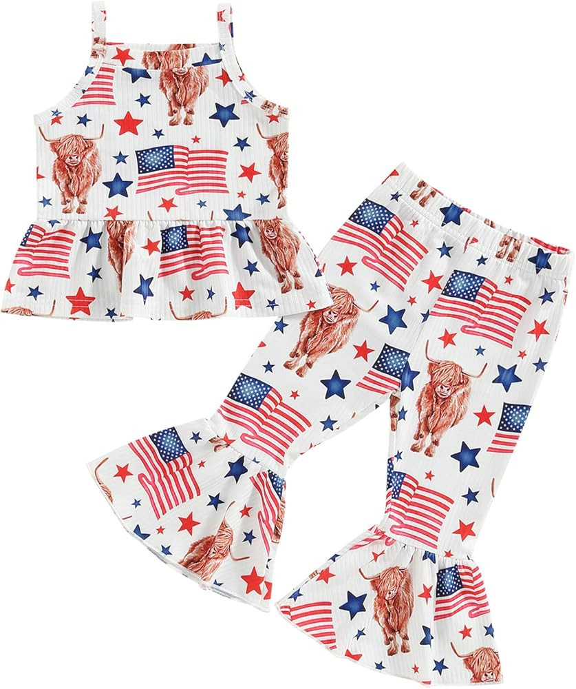 4th of July Outfit Toddler Bell Bottoms Baby Girl Summer Clothes Off Shoulder Vest Tops Bell Bott... | Amazon (US)