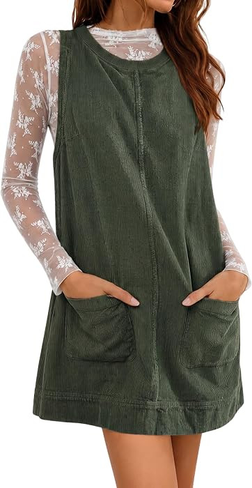 Hooever Women's Corduroy Overall Dress Round Neck A Line Skirtall Jumper Mini Dress Pinafore with... | Amazon (US)