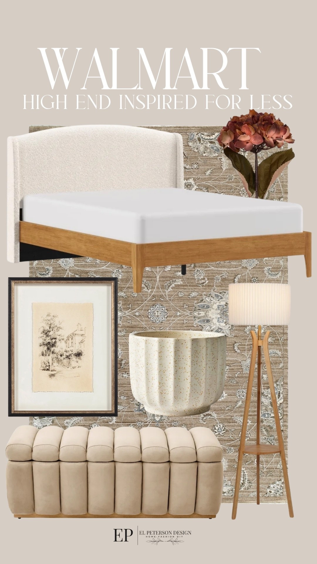 Walmart 
High end inspired
Upholstered bed
Artwork
Rug
Planter 
Floor lamp
Bench
Stem

#LTKHome