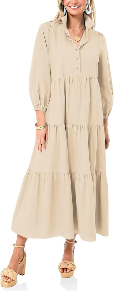 Wenrine Womens Casual 3/4 Sleeve Shirt Dress Button Down V Neck Tiered Collared Flowy Maxi Dress | Amazon (US)