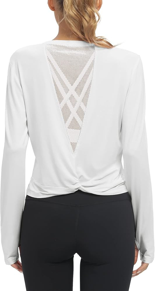 Mippo Long Sleeve Workout Tops Slightly Cropped Shirts for Women to Wear with Leggings | Amazon (US)
