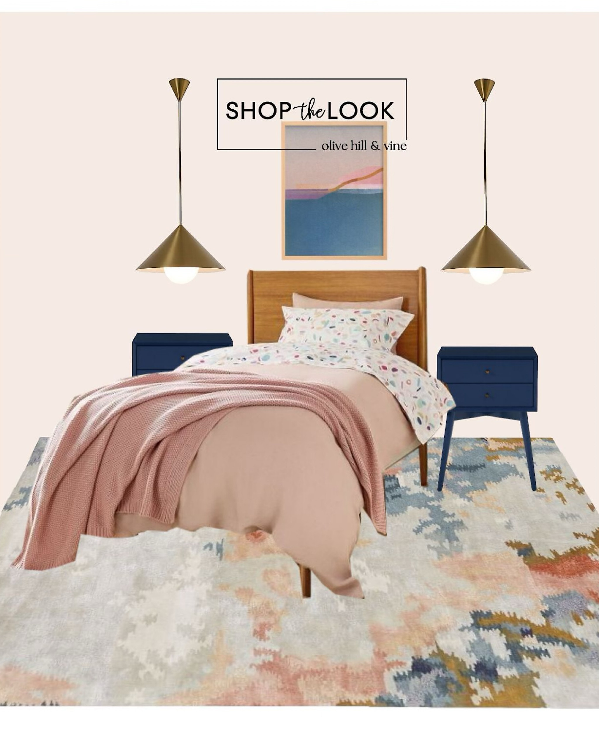 Infuse your teen’s space with mid-century vibes! A sleek wood bed paired with blue nightstands and a cone pendant light sets the stage. A vibrant wool rug and abstract horizon art add the perfect touch. Easily shop these items to bring this curated look into your own home!

#LTKHome #LTKFamily #LTKKids