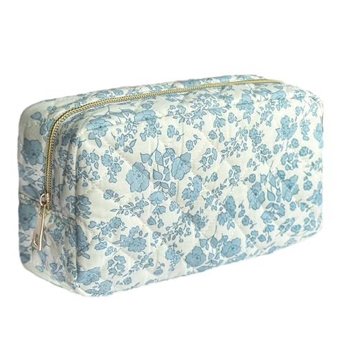 WYJ Floral Quilted Makeup Pouch - Cute Coquette Aesthetic Flower Design, Small Blue | Amazon (US)