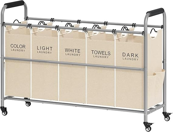 Tajsoon Laundry Sorter 5 Sections, Laundry Hamper with Heavy Duty Lockable Wheels and Removable B... | Amazon (US)