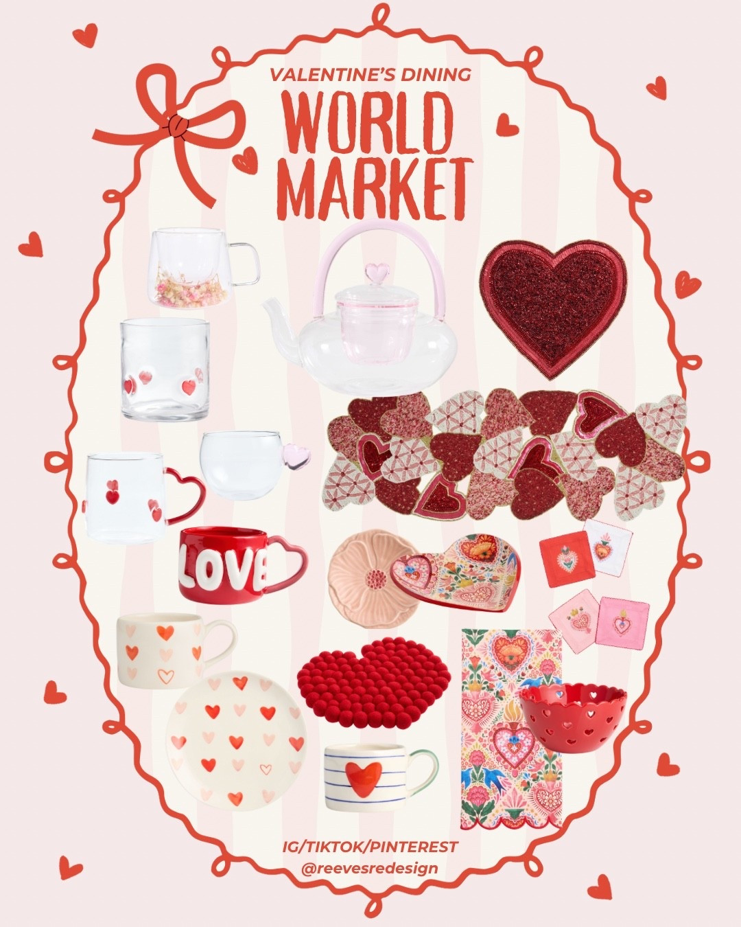 Valentines Day Entertaining essentials, cocktail napkins, icon glasses, heart decor, beaded runner, glass tea kettle, heart mugs, affordable & festive decor