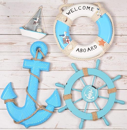 Wooden Nautical Lighthouse Anchor Wall Hanging Ornament, Beach Wooden Boat Ship Steering Wheel Wa... | Amazon (US)