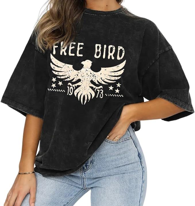 Vintage Rock Band T-Shirts for Women Retro Free Bird Eagle Graphic Country Music Tees Casual Loos... | Amazon (US)