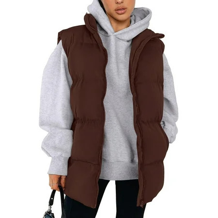 SKSloeg Black Puffer Vest for Women Oversized Zip Up Bubble Puffer Vests Stand Collar Sleeveless Lightweight Down Outerwear Coat with Pockets Winter Coffee S | Walmart (US)