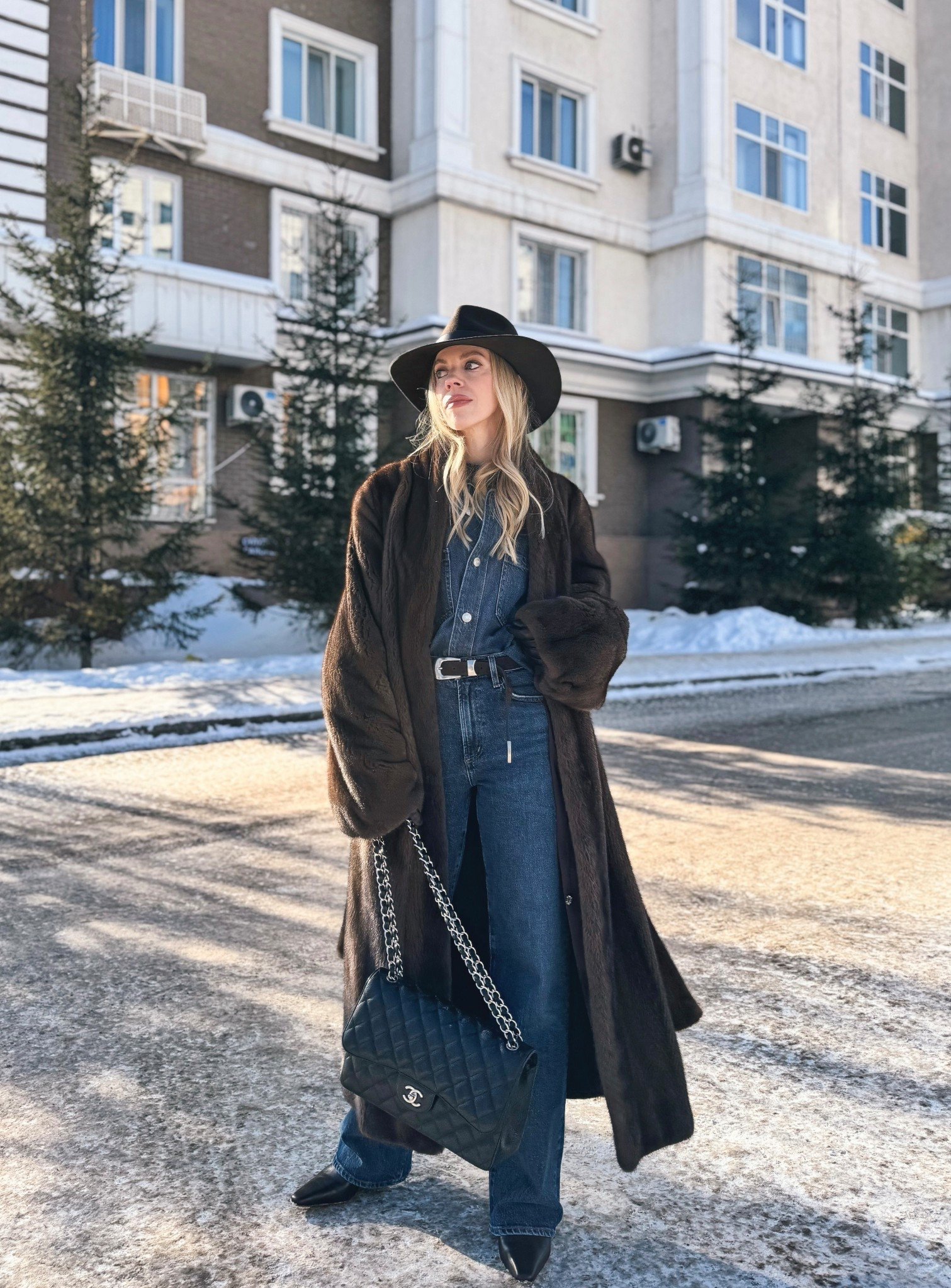 Fur coat, denim on denim, all denim outfit, western style winter look, @Janessa Leone brown wool hat, @Shopbop dark wash denim 

#LTKSeasonal #LTKOver40 #LTKSaleAlert
