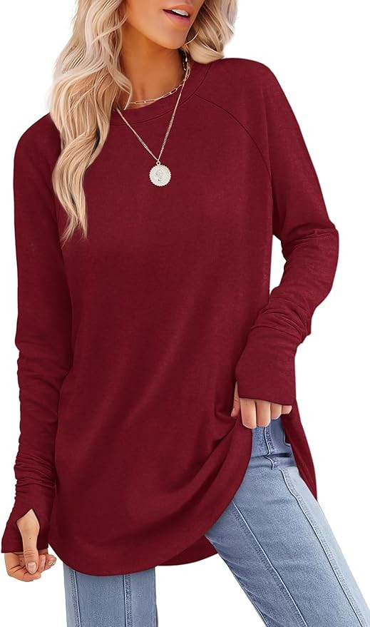 XIEERDUO Womens Tunic Tops to Wear with Leggings Long Sleeve Thumb Hole Shirts Crew Neck Curved H... | Amazon (US)