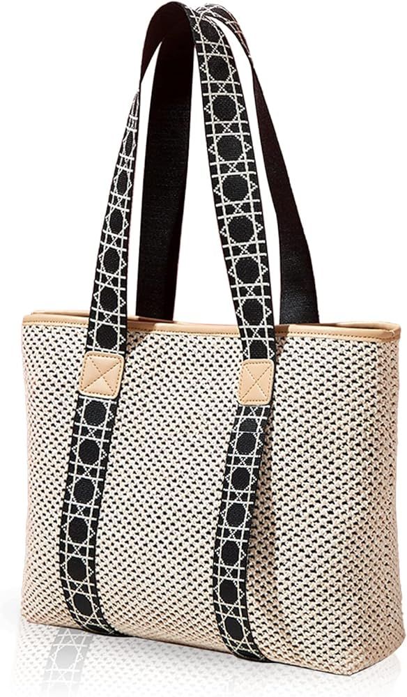 QTKJ Straw Bag, Beach Bags for Women, Soft Woven Beach Tote Canvas Shoulder Strap, Handmade Ratta... | Amazon (US)