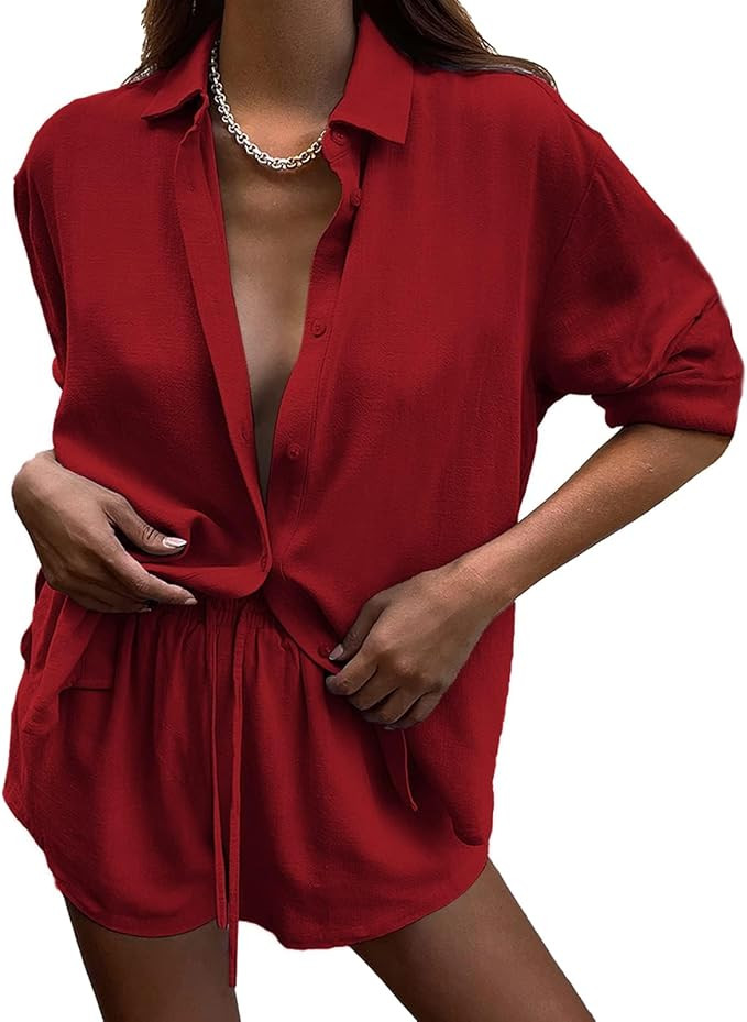 DEEP SELF 2 Piece Outfits for Women Summer Botton Down Long Sleeve Shirt with Shorts Set Casual M... | Amazon (US)