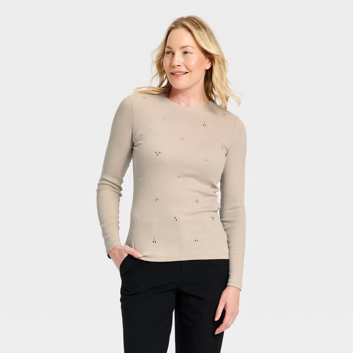 Women's Slim Fit Long Sleeve Embellished Ribbed Top - A New Day™ | Target