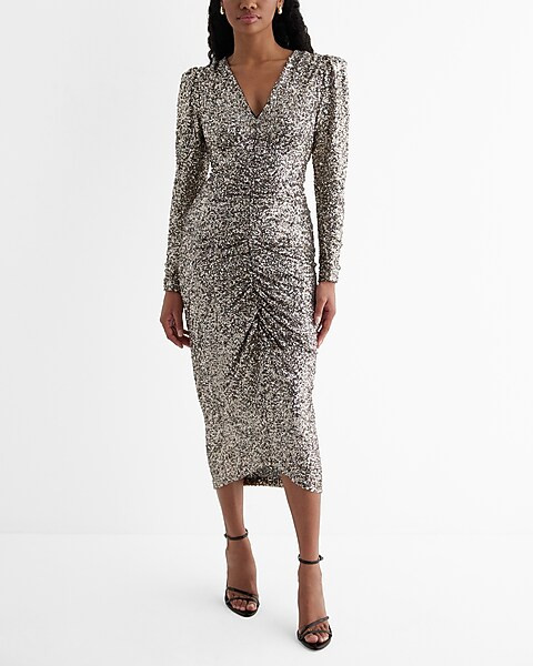 Sequin V-Neck Puff Sleeve Ruched Midi Sheath Dress | Express