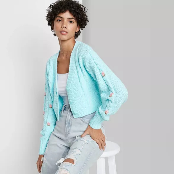 Women's Floral Print Cropped Cable Knit Cardigan - Wild Fable™ | Target