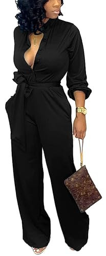 SxClub Black Jumpsuits for Women Dressy Sexy Elegant Long Sleeve Long Straight Pants Rompers Busineess with Pockets Button(3X-Large) | Amazon (US)