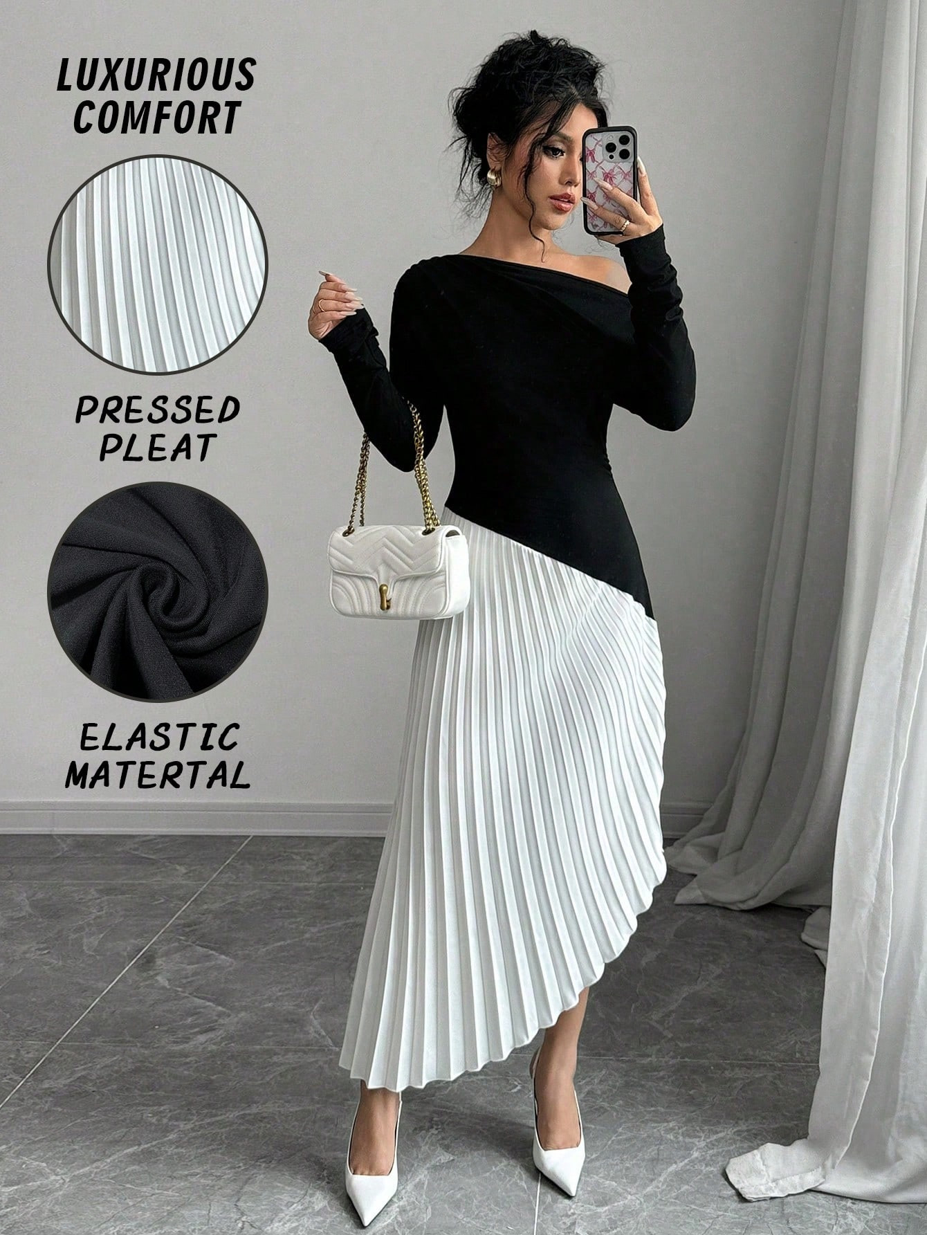SHEIN Elenzya Elegant Contrasting Color Block Ruffle Hem Asymmetric Dress, Spring/Fall | SHEIN