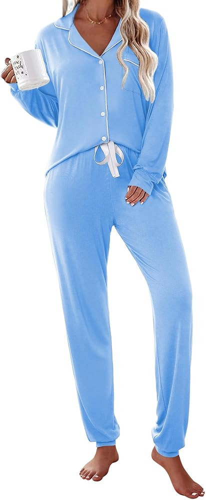 Ekouaer Pajamas Set Long Sleeve Sleepwear Womens Button Down Nightwear Soft Pj Loungewear with Po... | Amazon (US)