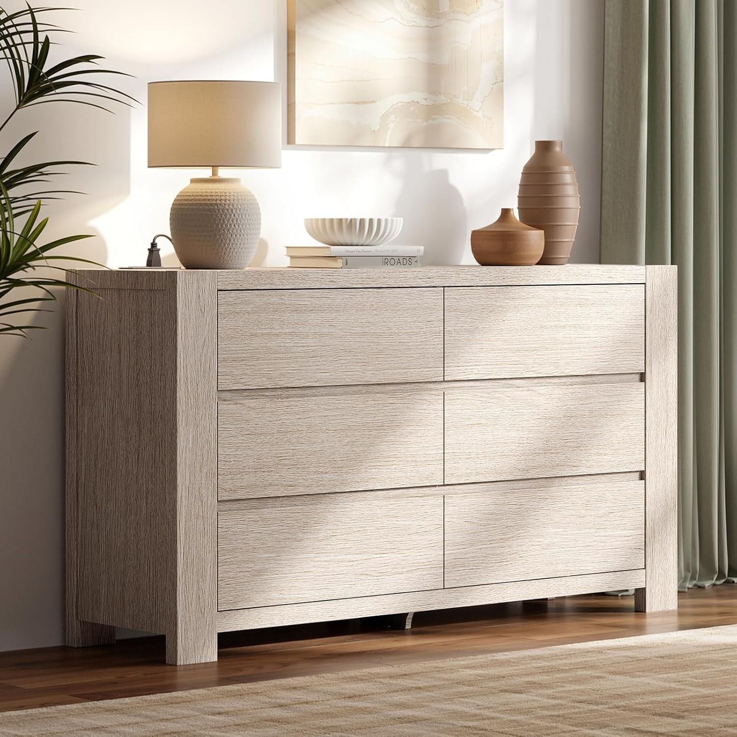 ModernMate 6 Drawer Dresser for Bedroom, 55'' Modern White Oak Chest of Drawers with Charging Sta... | Amazon (US)