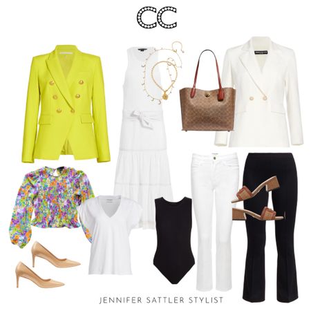 CAPSULE WARDROBE FOR WORK
8 pieces =16 outfits 

Closetchoreography.com
1– White Blazer 
2– Bold Blazer 
3– Straight Leg Pants 
4– Flare Leg Pants 
5– Bodysuit 
6– Dressy White T-Shirt 
7– Smock Top 
8– Fit and Flare Dress
