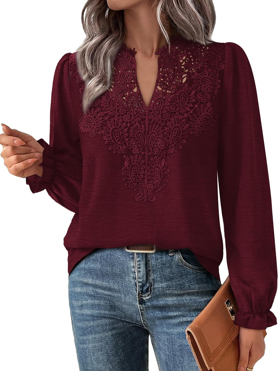 WIHOLL Womens Tops Lace Long Sleeve Tops for Women Boho V Neck Blouses | Amazon (US)