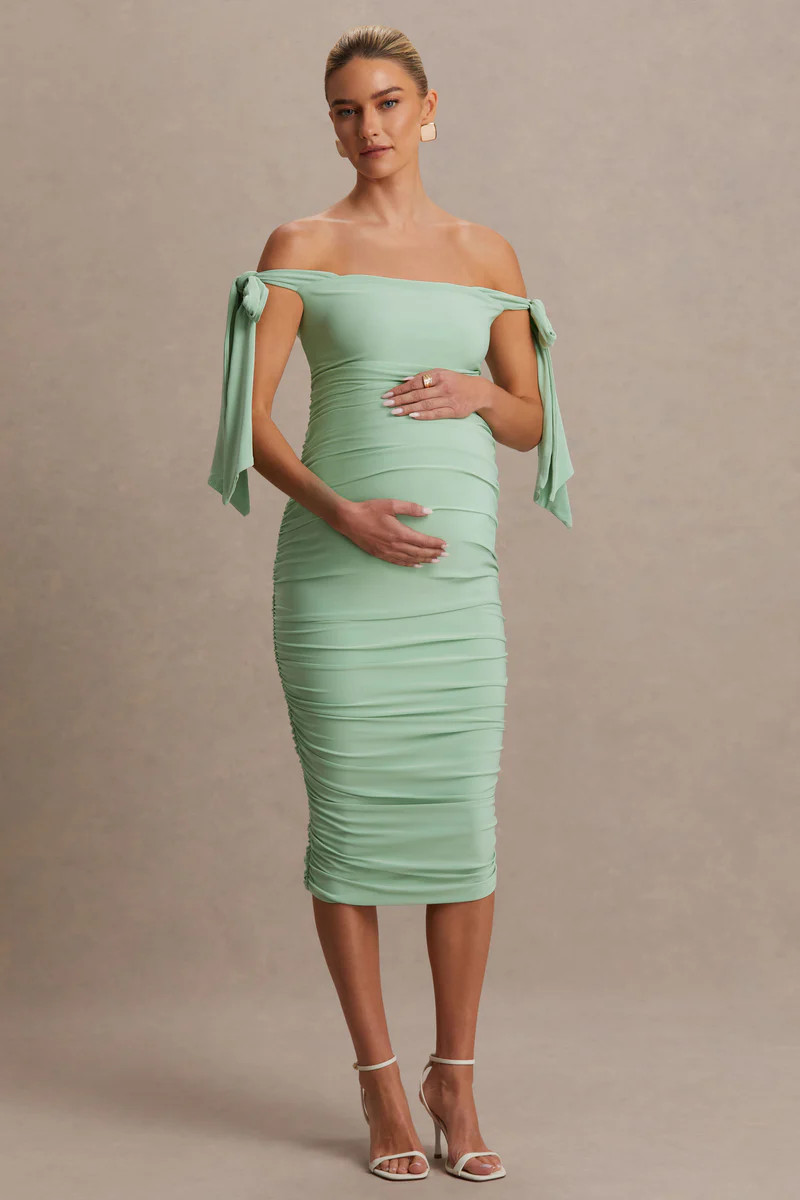 Chandelier  Light Green Bardot Maternity Midi Dress With Bow Details | Club L London