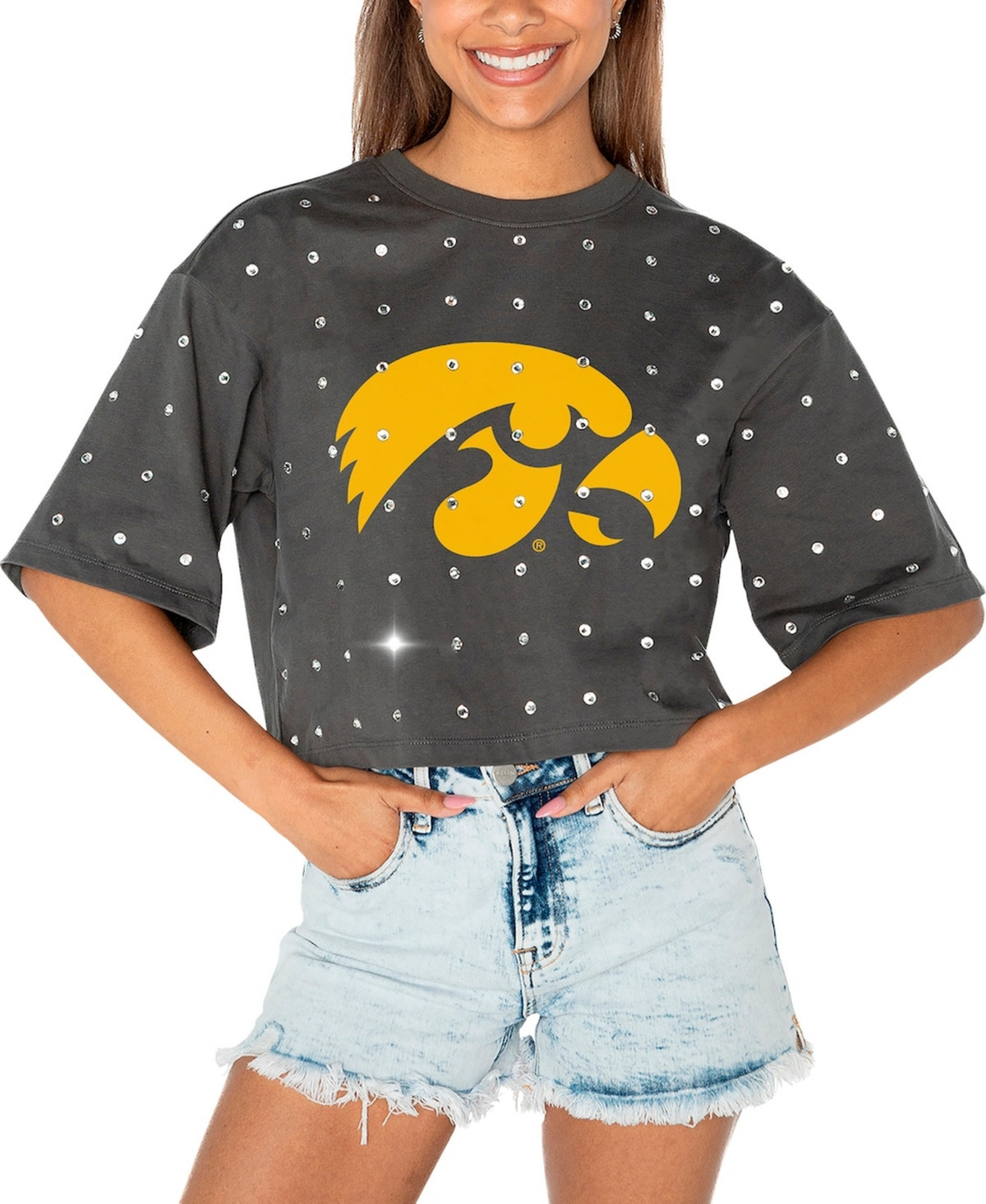 Gameday Couture Women's Gray Iowa Hawkeyes Go Time Rhinestone Crop T-Shirt - Gray | Macy's