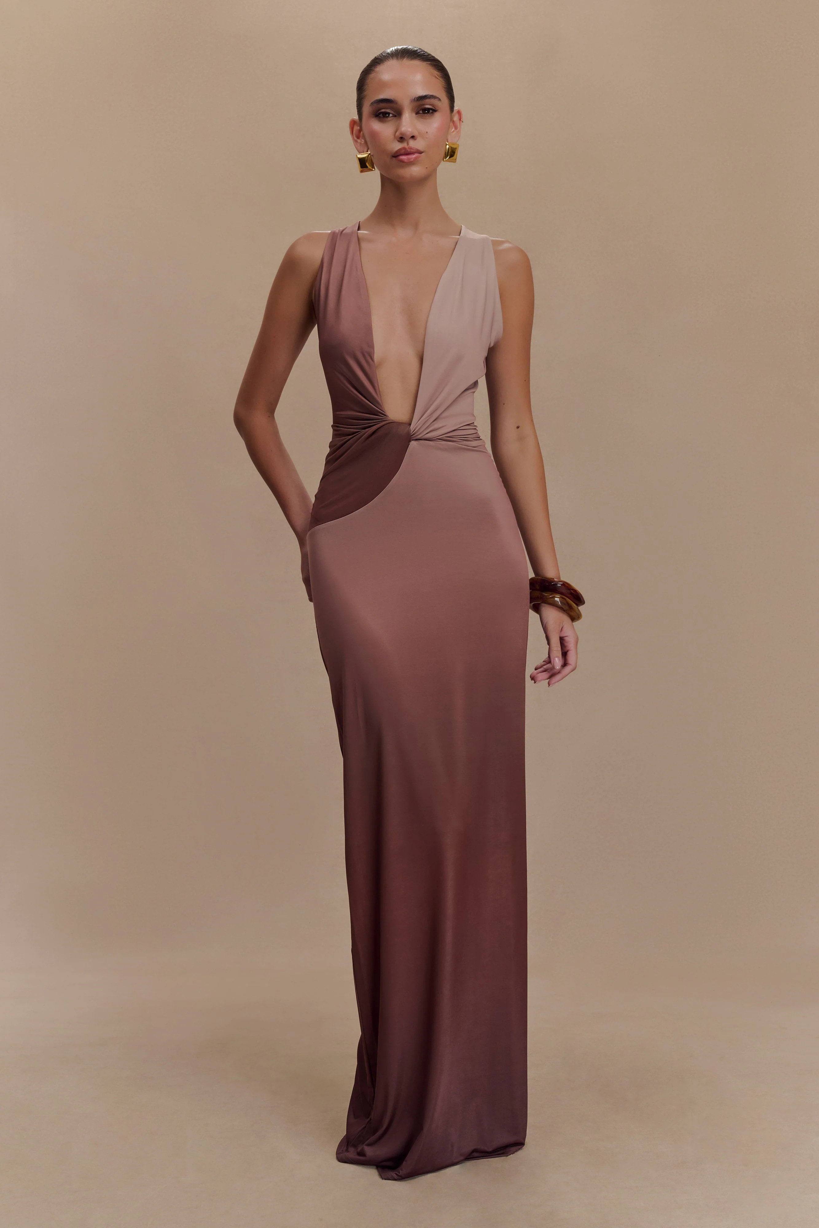 Stella Draped Slinky Maxi Dress - Mocha Ombre | MESHKI US