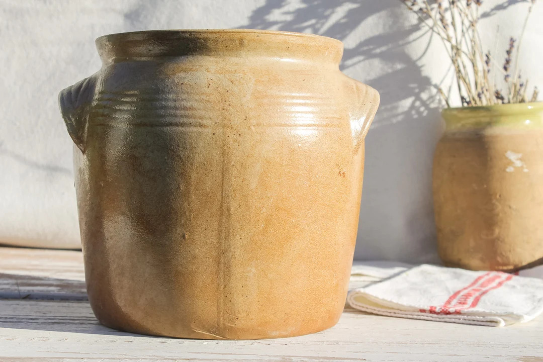 Beautiful French Antique Light Brown Glazed Confit Pot, Grease Pot, Crock, Vase, Utensils Holder ... | Etsy (US)