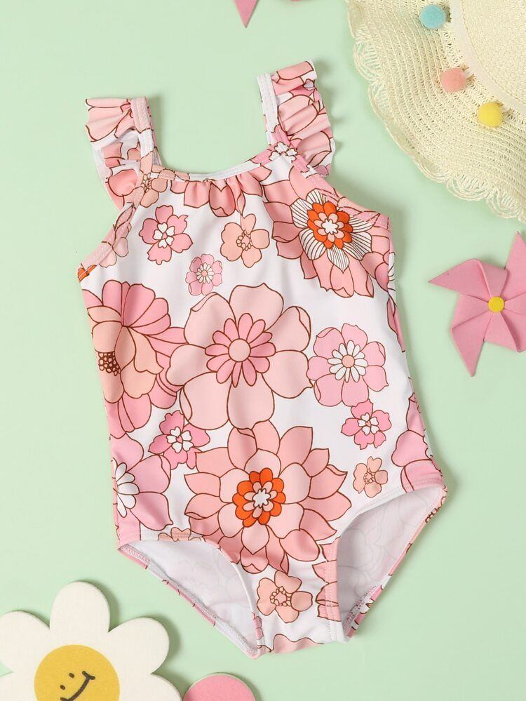 Baby Girl Floral Frill Trim One Piece Swimsuit | SHEIN