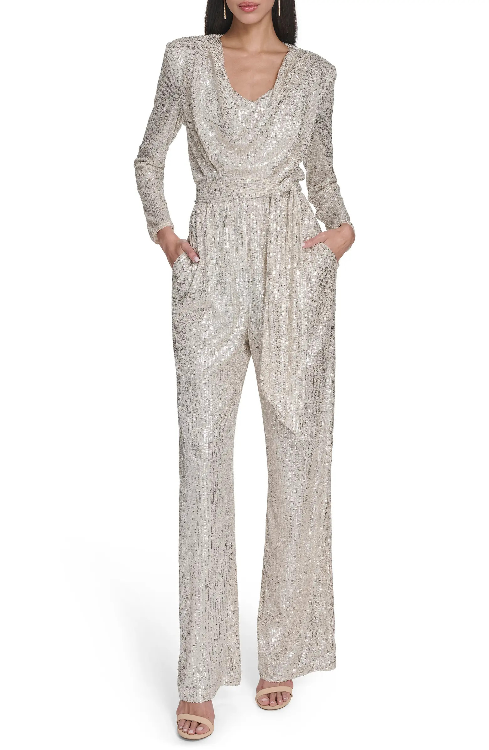 Eliza J Draped Neck Long Sleeve Sequin Jumpsuit | Nordstrom | Nordstrom