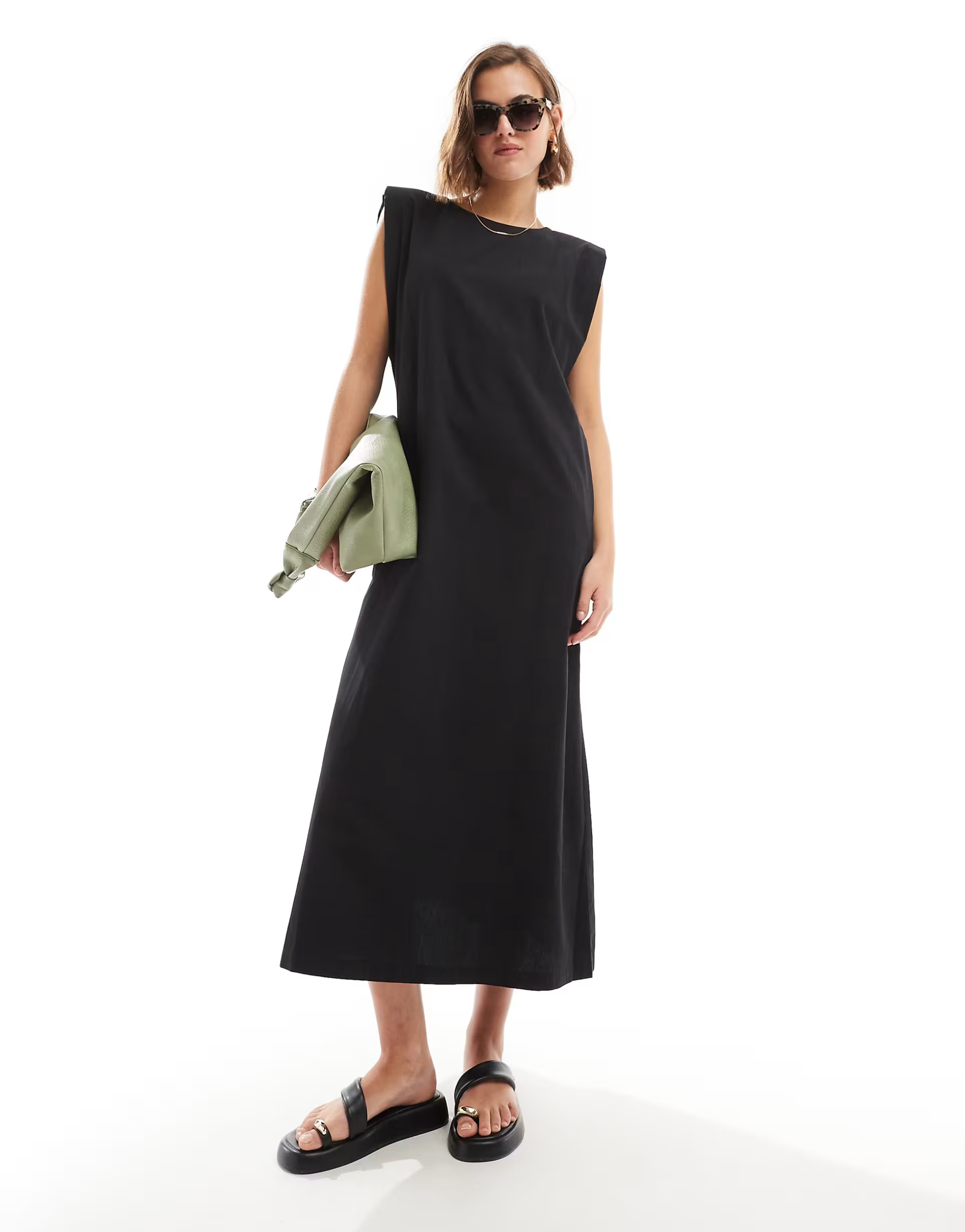 ASOS DESIGN cotton shapeless midi dress with shoulder pads in black | ASOS (Global)