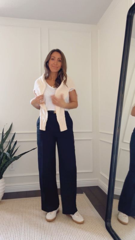 The perfect pants for warmer months a linen/linen blend!  Light, airy and chic! Linking my favorites ones.
I’m size in 4 Loft, J. Crew and Madewell.  
White tee tts. 
Sweater tts but I sized up for a looser fit.  
Sneakers run big - I sized down a half size. 

#LTKStyleTip #LTKOver40 #LTKSaleAlert