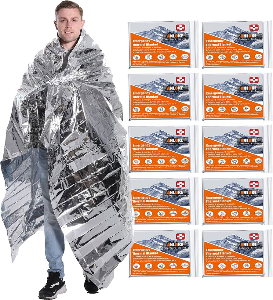 Emergency Blankets Mylar Thermal Blanket,(10 Pack) of Gigantic Space Blanket 82 * 64 in. Survival... | Amazon (US)