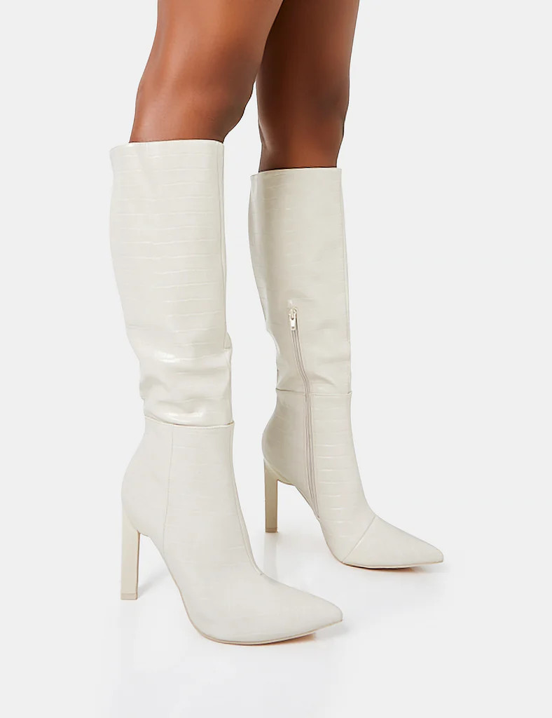 Unite Ecru Croc Pointed Toe  Knee High Block Heeled Boots | Public Desire